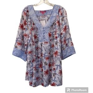 Woman Within White With Multi-Color Print V-Neck With Button Detail Top …